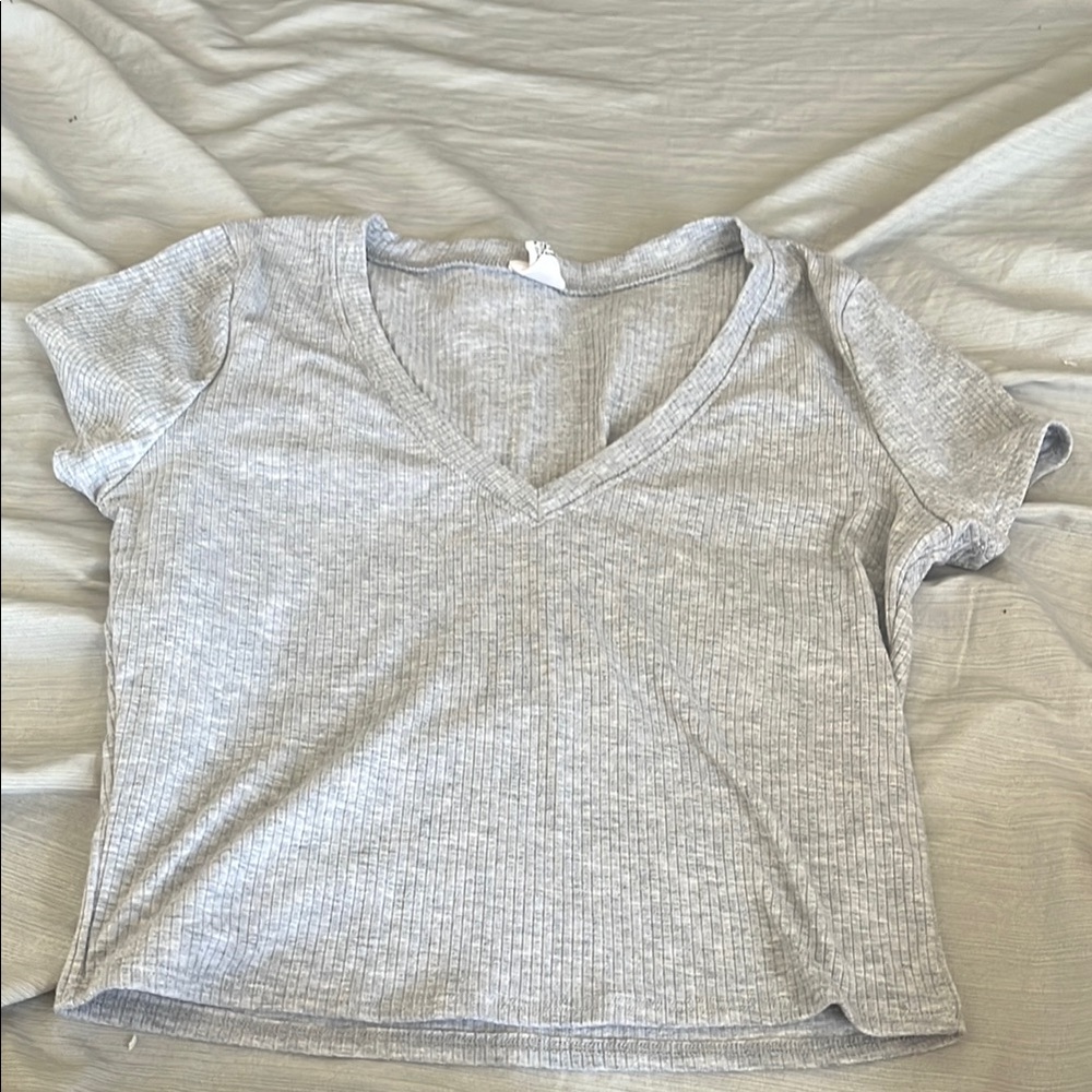 Gray V-Neck Ribbed Women's Top